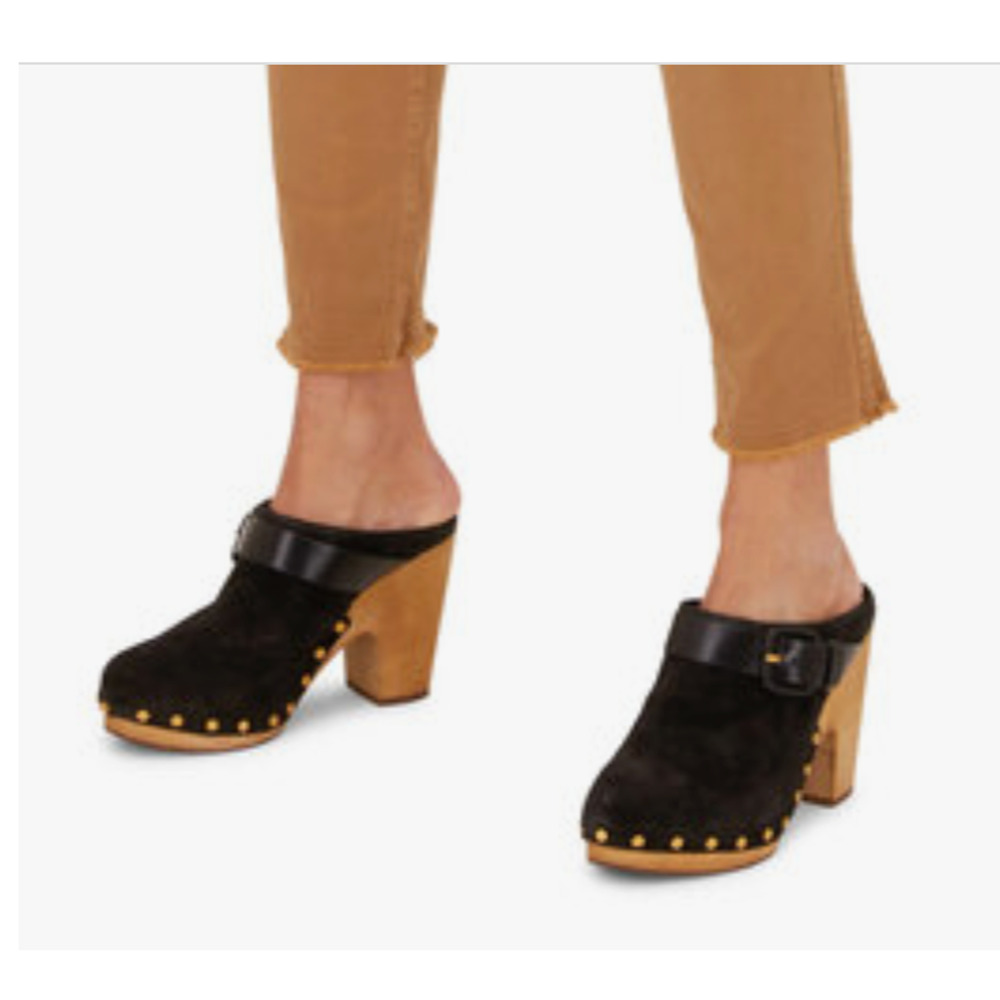 VERONICA BEARD Dacey Black gold studded suede wood heel mule clogs sz 11 NWOB